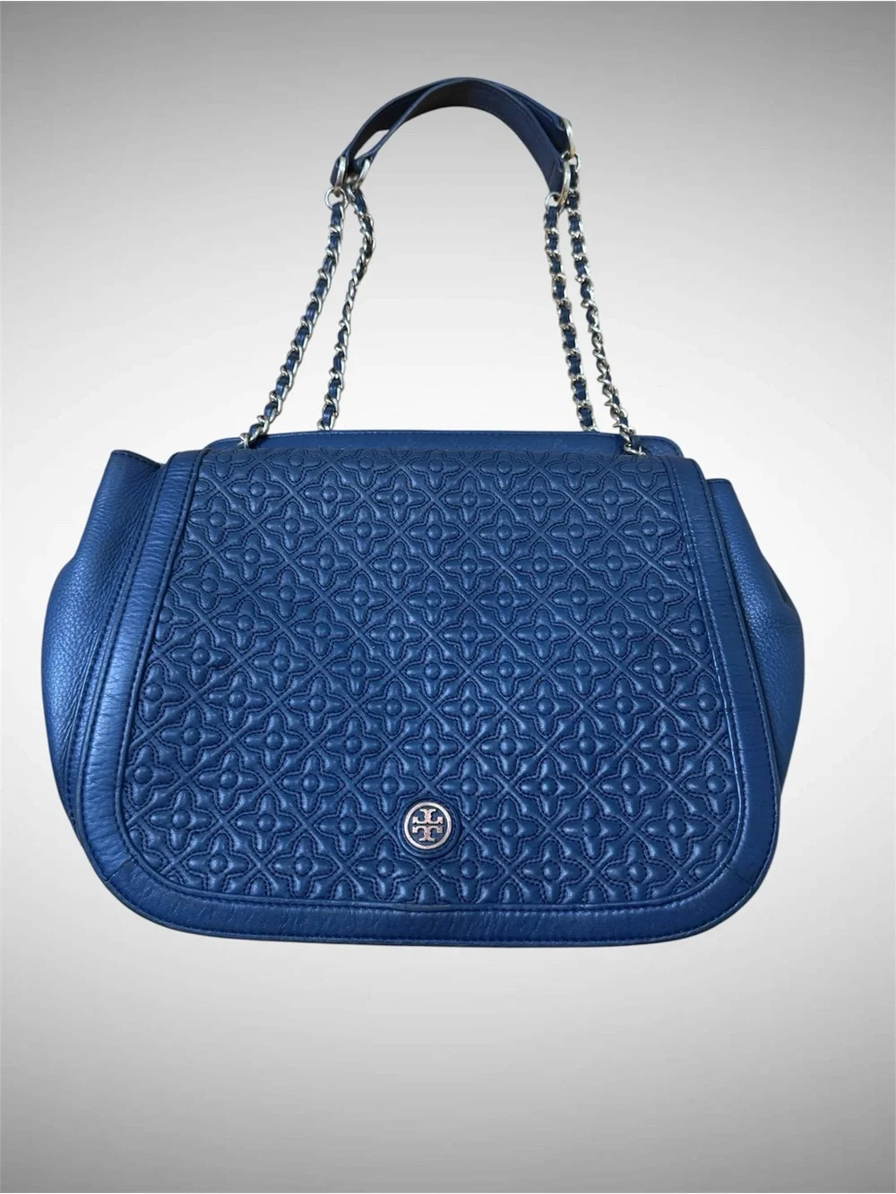 Tory Burch Blue Quilted Leather Shoulder Bag with Chain Strap See Photos